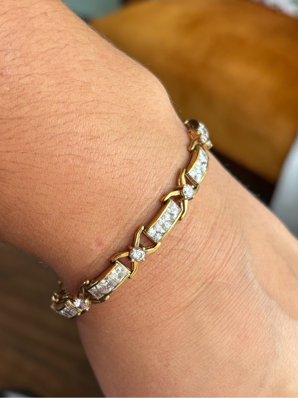 Vintage Gold Tone Crystal Tennis Bracelet Princess Cut Rhinestone 8”